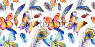 Sticker  Modèle de plume d'oiseau aquarelle de l'aile. Aquarelles Fleur sauvage pour le fond, la texture, le motif enveloppant, le cadre ou la bordure.