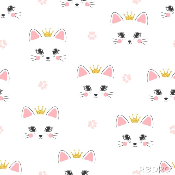 Sticker  Modèle de princesse chat sans couture. Fond de vecteur pour les enfants.