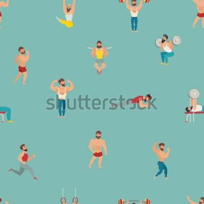 Sticker  Modèle de vecteur sport et gym. Main dessiner toile de fond avec illustration de l'homme musclé, barbu. Arrière-plan transparent de dessin animé. Papier peint avec des modèles de fitness, pose, mu