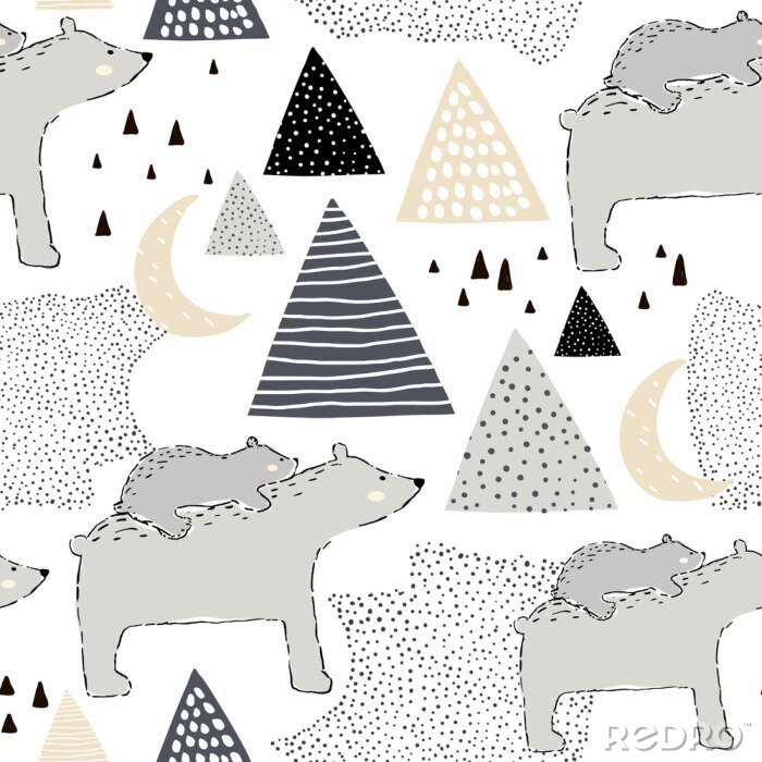 Sticker  Modèle enfantin sans couture avec maman et bébé ours polaire. Conception créative des enfants. Parfait pour le tissu, textile, warpping, nursery.Vector Illustration