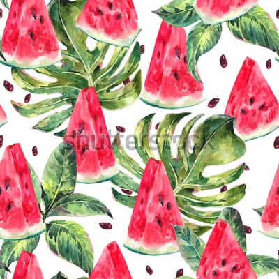 Sticker  Modèle sans couture aquarelle d'été exotique avec des feuilles tropicales, tranches de modèle de melon d'eau, illustration naturelle sur fond blanc