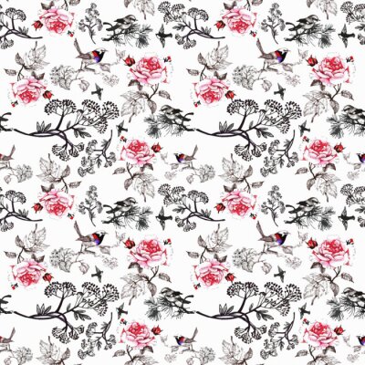 Papier peint à motif  Modèle sans couture aquarelle dessinés à la main avec de belles fleurs et oiseaux colorés sur fond blanc.