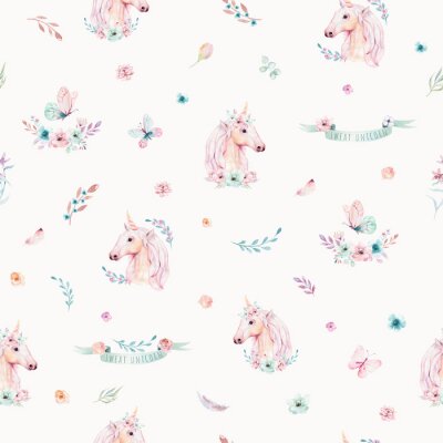 Papier peint à motif  Modèle sans couture aquarelle licorne mignonne avec des fleurs. Patrons de licorne magique de pépinière. Princesse texture arc-en-ciel. Cheval de poney de dessin animé rose à la mode.