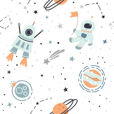Papier peint à motif  Modèle sans couture avec des éléments de l'espace dessinés à la main: cosmonaute, astronaute, espace, fusée, étoiles, étoile filante, planètes. Les enfants branchés vector background sur blanc.