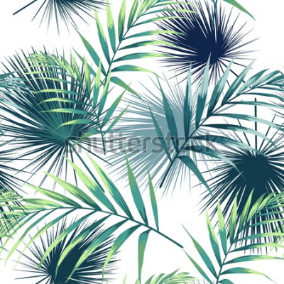 Sticker  Modèle sans couture avec des feuilles tropicales. Feuilles de palmier vert foncé et lumineux sur le fond blanc. Modèle sans couture de vecteur. Illustration tropicale. Feuillage de jungle.