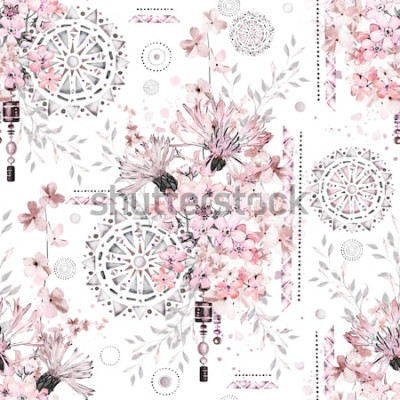 Sticker  modèle sans couture avec fleurs à l'aquarelle et ornements texturés - mandala. Floral abstrait. Tuile avec fleur sauvage Prairie et illustration géométrique.