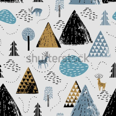 Sticker  Modèle sans couture avec un paysage de montagne, raindeer et forêt. Parfait pour les cartes, les invitations, le papier peint, les bannières, la maternelle, le baby shower, la décoration de chambre d 
