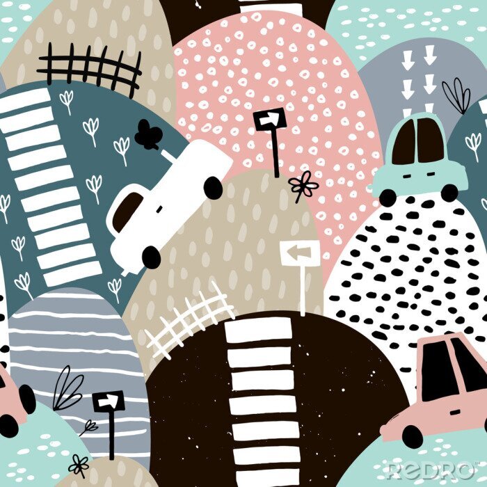 Sticker  Modèle sans couture avec voiture mignonne dessiné à la main et les collines. Voitures de dessin animé, panneau de signalisation, illustration vectorielle de passage clouté. Parfait pour le tissu des e