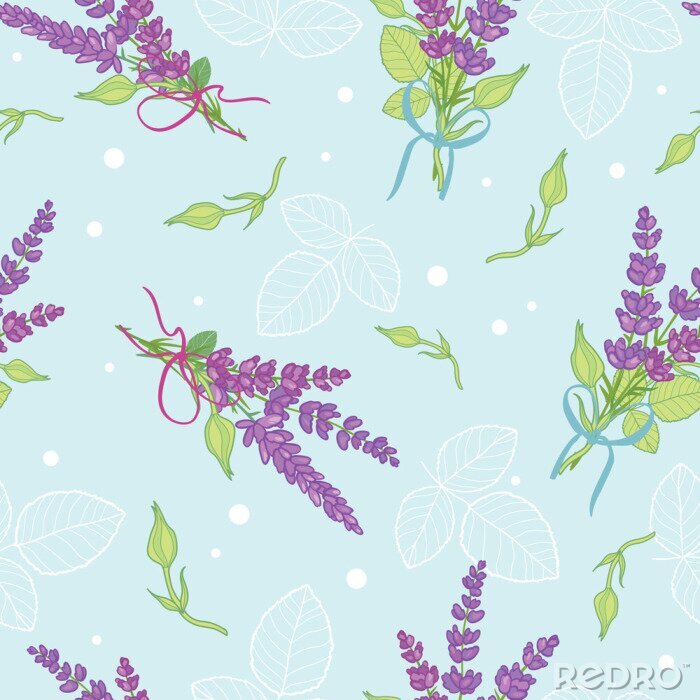 Sticker  Modèle sans couture de lavande bouquets vecteur bleu. Beau fond violet lavande rétro. Tissu élégant sur fond clair Conception de motif de surface.