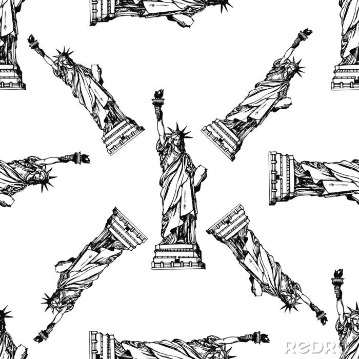 Sticker  Modèle sans couture de style de croquis dessinés à la main Statue de la liberté. Illustration vectorielle isolée sur fond blanc.