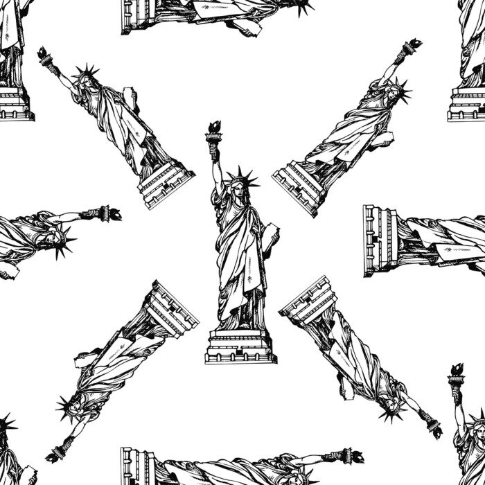 Sticker  Modèle sans couture de style de croquis dessinés à la main Statue de la liberté. Illustration vectorielle isolée sur fond blanc.