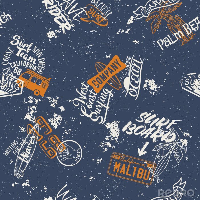 Sticker  Modèle sans couture de surf sur la côte ouest, papier peint vecteur abstraite pour effet de chemise tissu grunge en calque séparé