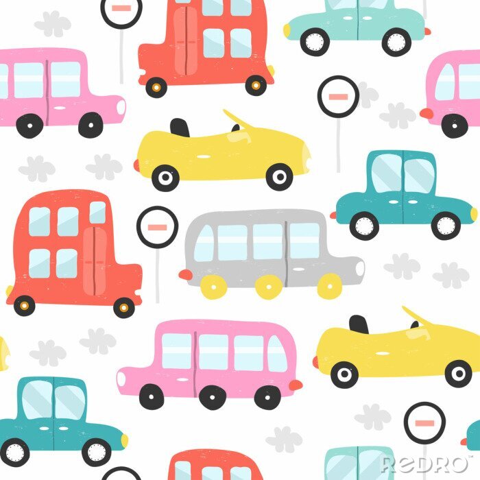 Sticker  Modèle sans couture de voitures rétro coloré. Illustration de vecteur dessinés à la main.