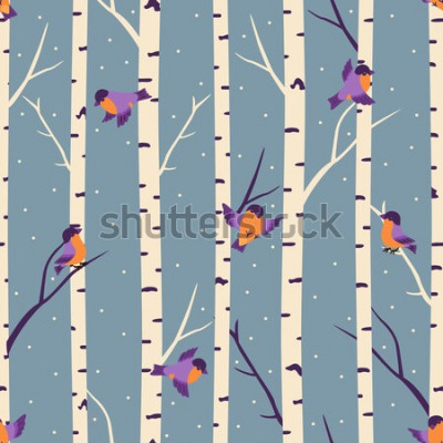 Sticker  Modèle sans couture hiver avec bouvreuils et bouleaux.