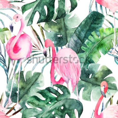 Sticker  Modèle sans couture tropical avec flamant rose et feuilles. Aquarelle impression d'été. Illustration dessinée à la main exotique