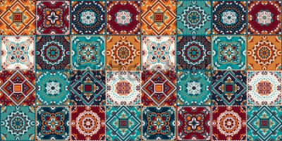 Sticker  Modèle Talavera. Patchwork Inde. Azulejos portugal. Ornement turc. Mosaïque de tuile marocaine. Vaisselle en céramique, imprimé folklorique. Poterie espagnole. L'origine ethnique. Papier peint m