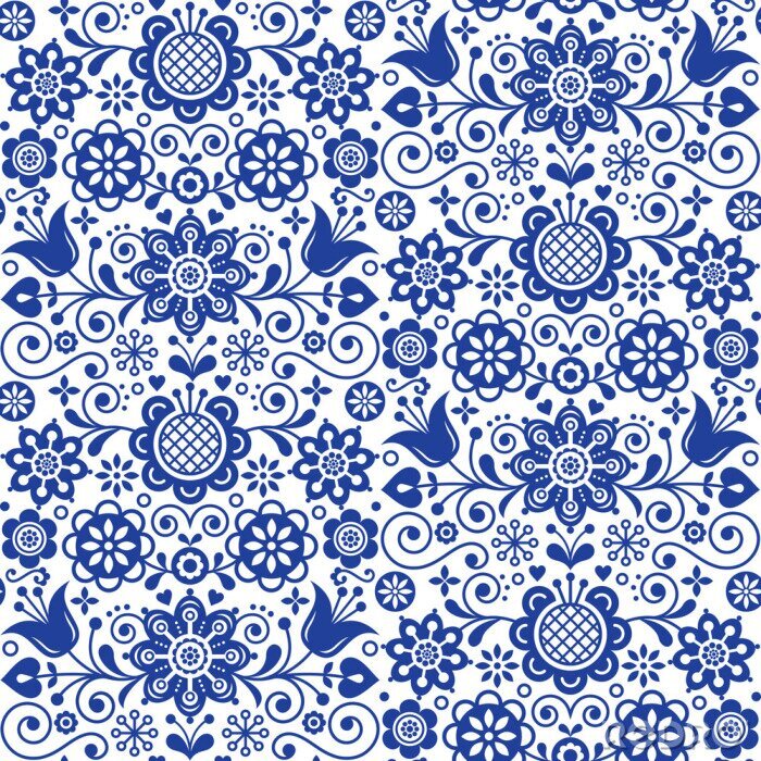 Sticker  Modèle vector floral sans couture folk art, conception répétitive bleu marine scandinave, ornement nordique avec des fleurs