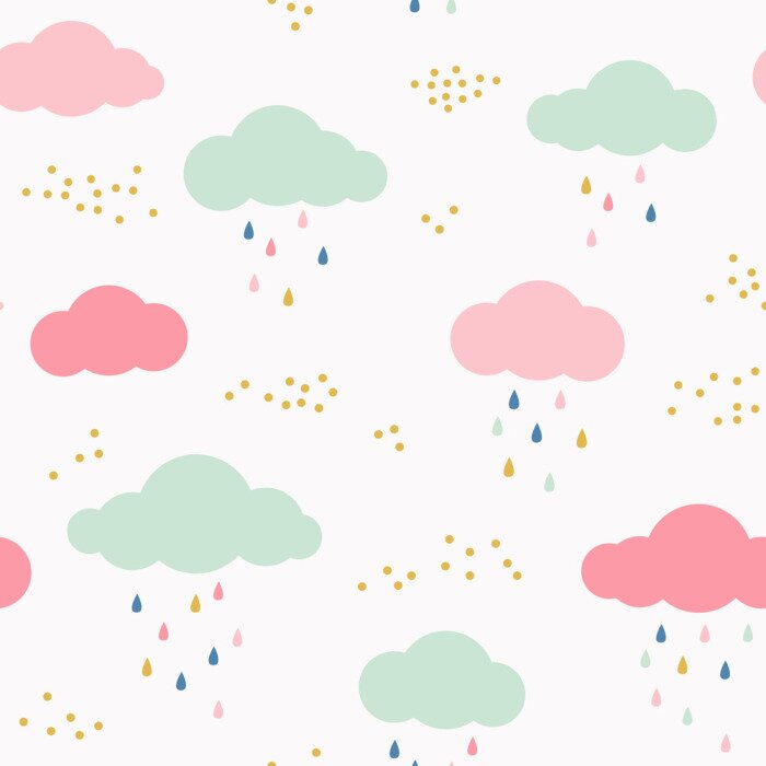Sticker  Modèle vectoriel pour les enfants avec des nuages, des gouttes de pluie et des points. Mignon fond scandinave sans soudure en menthe, rose, jaune et gris.