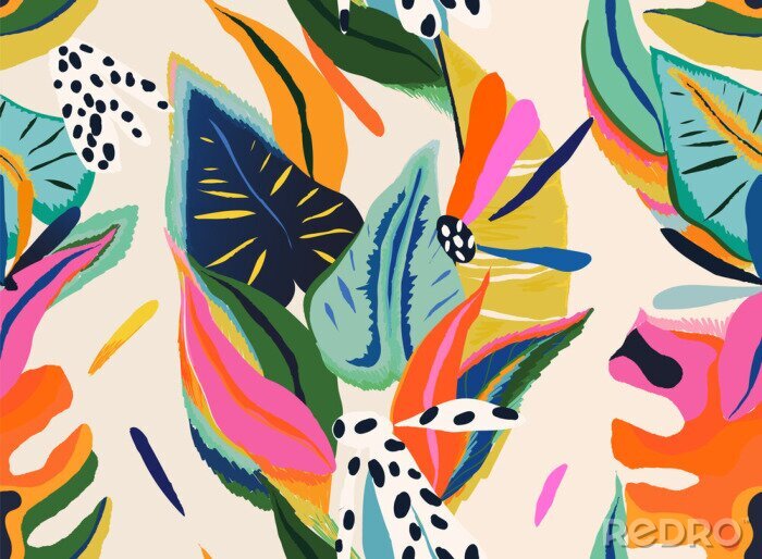 Sticker  Modern exotic floral jungle pattern. Collage contemporary seamless pattern. Hand drawn cartoon style pattern.