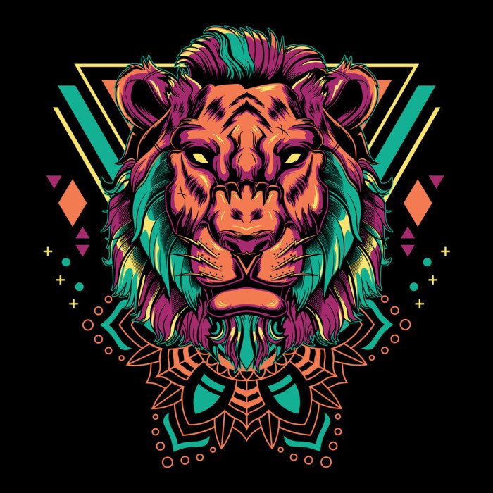 Sticker  Modern lion head mandala geometry vector illustration on black background for t-shirt, sticker, posters. Animal tattoo style 
