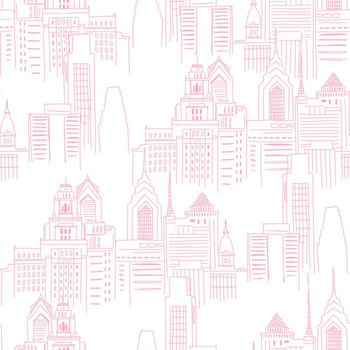 Sticker  Modern New York city scape in pink colour. Girlish Superhero themed neutral seamless pattern. Vector doodle graphics. Perfect for little girl design like t-shirt textile fabric print birtday party