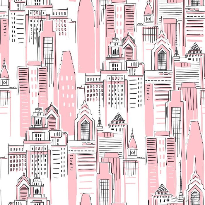 Sticker  Modern New York city scape in pink colour. Girlish Superhero themed seamless pattern. Vector doodle graphics. Perfect for little girl design like t-shirt textile fabric print birtday party wrapping