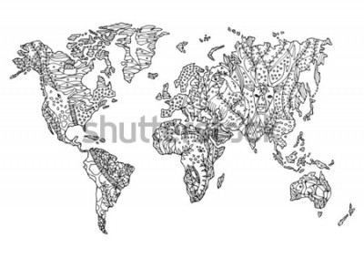 Sticker  monde carte animal sauvage faune fleur floral dessin design illustration vectorielle dessinés à la main