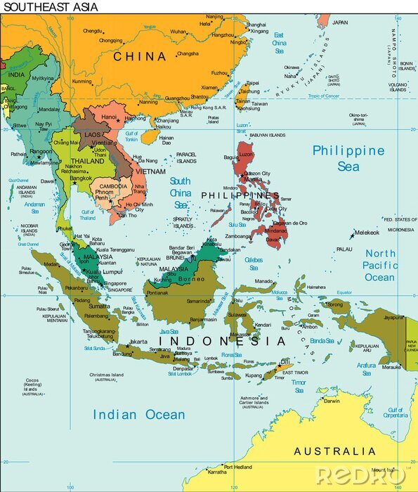 Sticker  Monde terre en Asie du Sud Continent Pays Carte