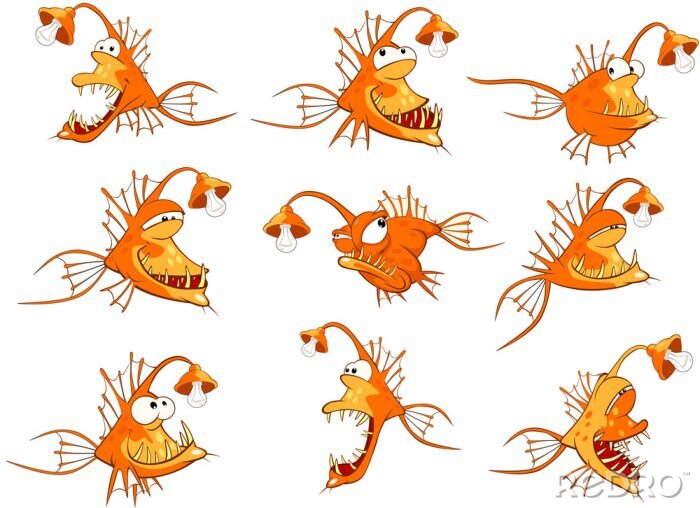 Sticker  Monk Fish Set . Deep-water Fish. Cartoon Character 