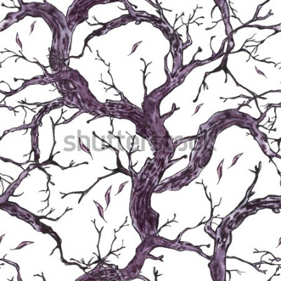 Sticker  Monochrome aquarelle dessiné modèle sans couture avec des branches d'arbres, brindilles. Texture naturelle. Illustration noir et blanc sur fond blanc