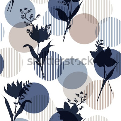 Sticker  Monotone en bleu Vector modèle sans couture florale silhouette botanique sur rayures colorées modernes à pois, papier peint de fleurs délicates, fleurs sauvages