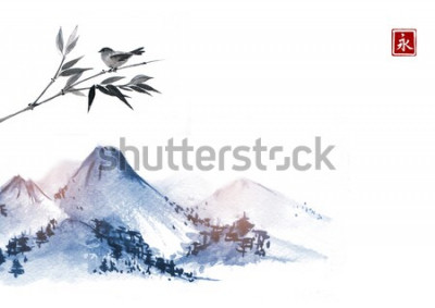 Sticker  Montagnes et petit oiseau sur une branche de bambou. Hiéroglyphe - éternité. Peinture à l'encre orientale traditionnelle sumi-e, u-sin, go-hua.