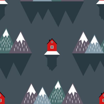 Montagnes scandinaves et maisons rouges