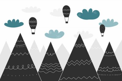 Montgolfières en plein vol au-dessus des montagnes et style scandinave