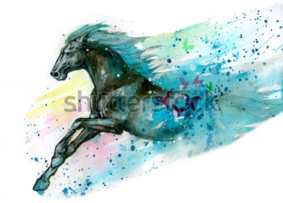 Sticker  Monture de chevaux et papillons aquarelles
