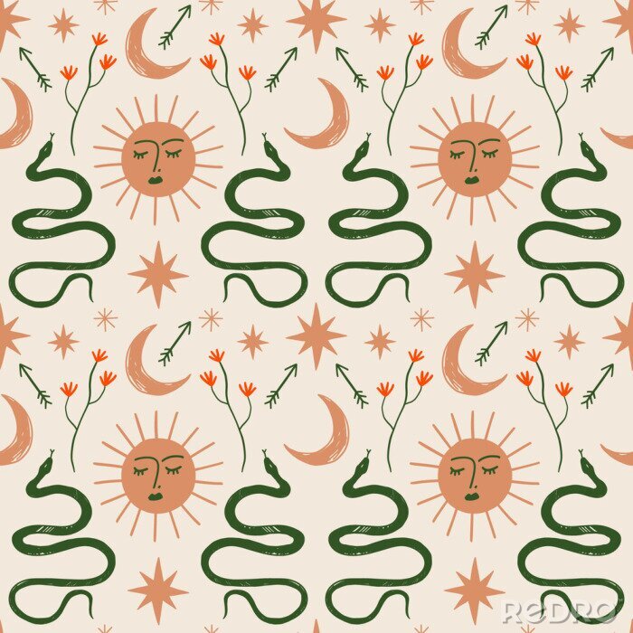 Sticker  Moon and Sun boho magical seamless pattern with snakes in vector.