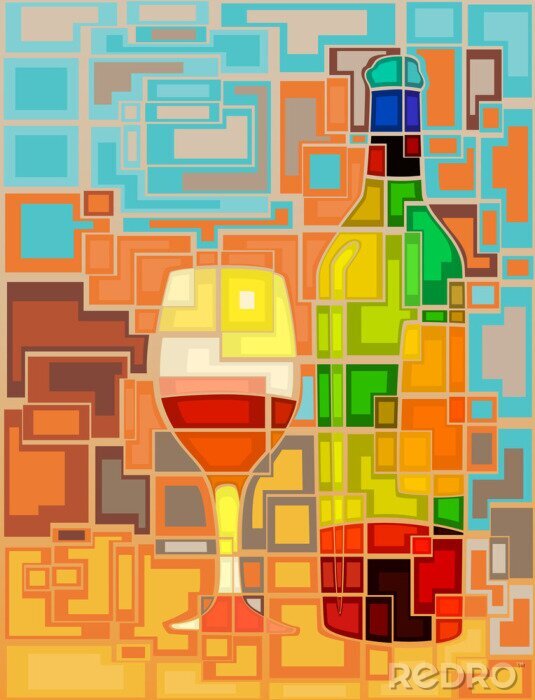 Sticker  Mosaïque avec une bouteille de vin et un verre
