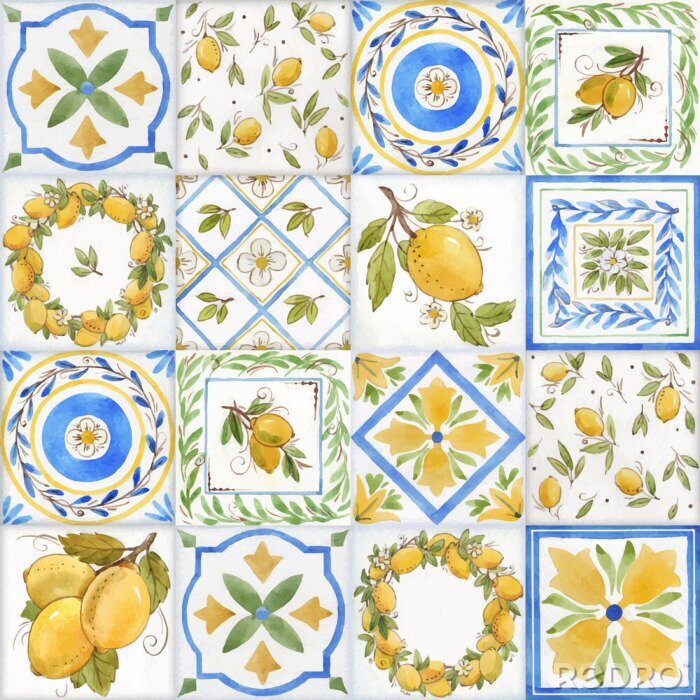 Sticker  Mosaïque carrelée avec olives et fleurs