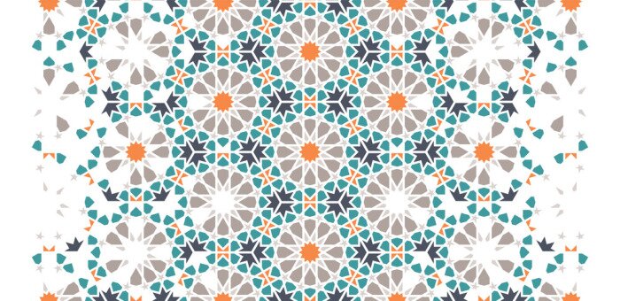 Sticker  Mosaïque répétant la bordure vectorielle. Demi-teinte géométrique avec désintégration d'arabesques colorées