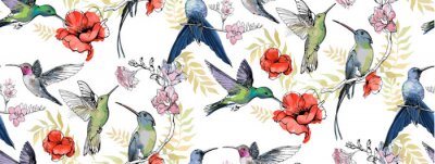 Sticker  Motif avec des colibris parmi des fleurs romantiques