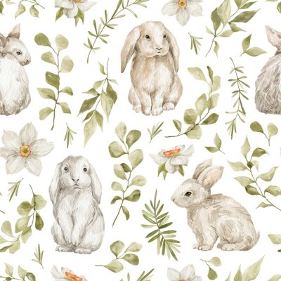 Sticker  Motif avec des lapins au milieu de feuilles version aquarelle