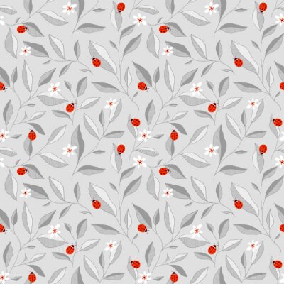 Sticker  Motif coccinelles sur fond gris feuillu