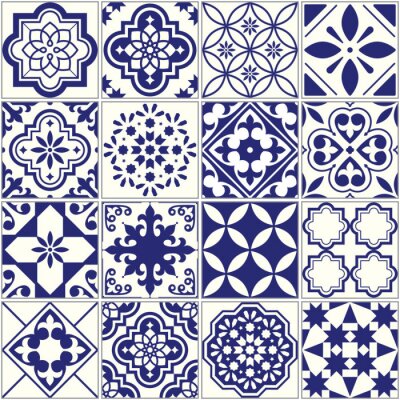 Papier peint à motif  Motif de carreaux sans couture, mosaïque floral mosaïque méditerranéenne, ornement bleu marine bleu de Lisbonne
