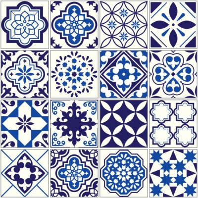 Sticker  Motif de carreaux vectoriels, mosaïque florale de Lisbonne, ornement bleu marine bleu marine