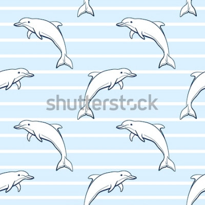 Sticker  Motif de mer transparent fait de dauphins dessinés à la main sur fond rayé bleu. Peut-être être utilisé pour les albums, les papiers peints, les impressions sur tissu, les pages Web et les remplissage