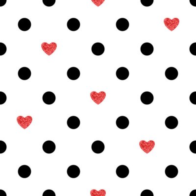 Sticker  Motif de point de polka avec des coeurs rouges. Fond romantique.