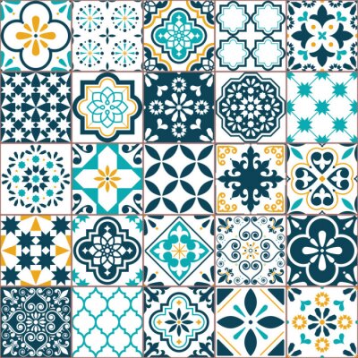 Motif de vecteur de carreaux Azulejo géométrique de Lisbonne, mosaïque de carreaux anciens rétro portugais ou espagnol, méditerranéen transparente conception turquoise et jaune