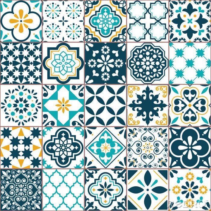 Sticker  Motif de vecteur de carreaux Azulejo géométrique de Lisbonne, mosaïque de carreaux anciens rétro portugais ou espagnol, méditerranéen transparente conception turquoise et jaune