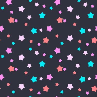 Sticker  Motif de vecteur sans couture avec des étoiles de menthe, rose et bleu sur fond gris foncé. Contexte pour habillement, fabrication, fonds d'écran, estampes, emballage cadeau et scrapbook.
