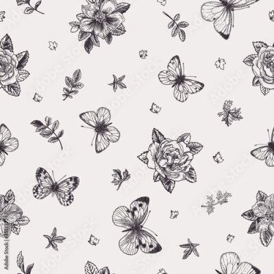 Motif délicat avec fleurs et papillons